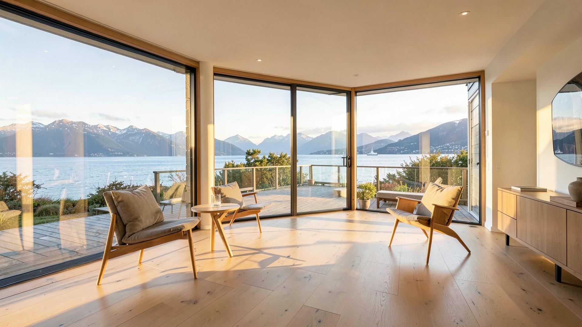 Lyst renovert interiør med utsikt mot terrasse og fjord
